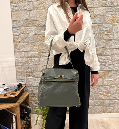 Juli - Handmade Calf Leather Studs Bag With Metallic Closure Petrol Green